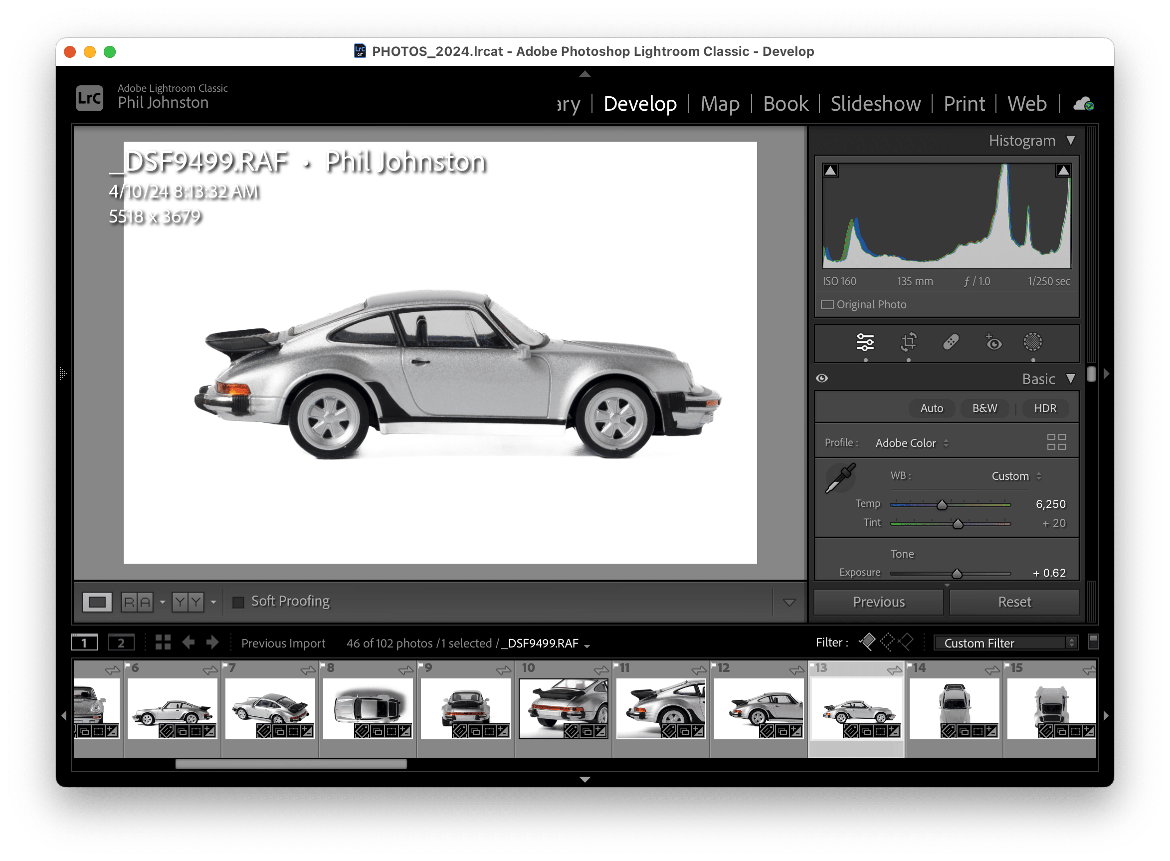 Lightroom image of editing a porsche on white